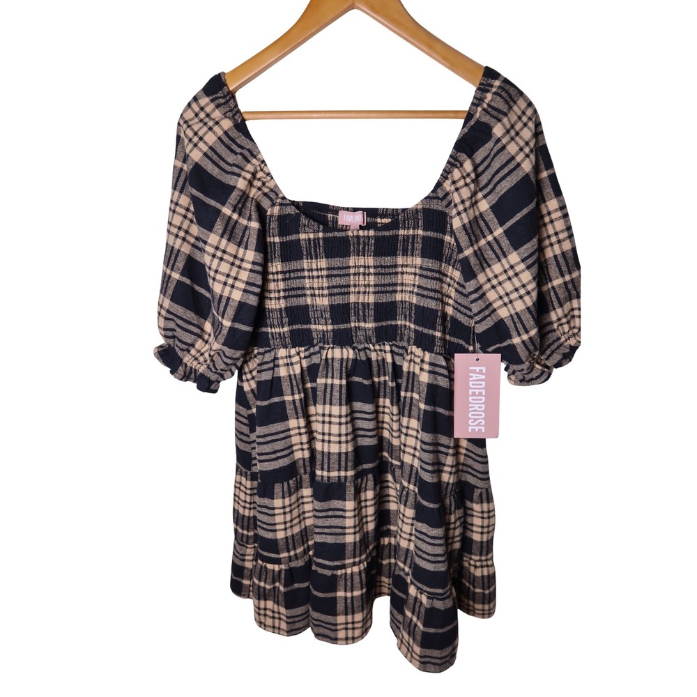 Faded Rose Plaid Smocked Babydoll Mini Dress Tan Black Puff Sleeve NWT